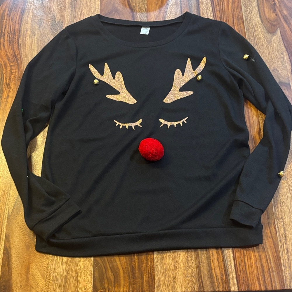 Christmas Black Reindeer Face Sweater with Red Nose
